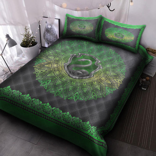 HP Bedding Set Hogwart House Slytherin Pattern Duvet Covers Black Green Unique Gift