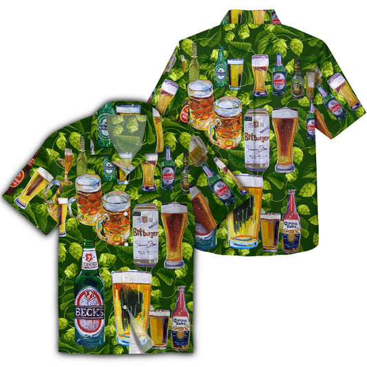 Unifinz Beer Hawaii Shirt Beer Cups And Bottle Pattern Tropical Green Hawaiian Aloha Shirt 2023