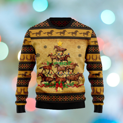 Horse Christmas Ugly Sweater Horse Christmas Tree Brown Yellow Sweater