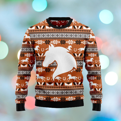 Horse Christmas Ugly Sweater Horse White Silhouette Brown Sweater