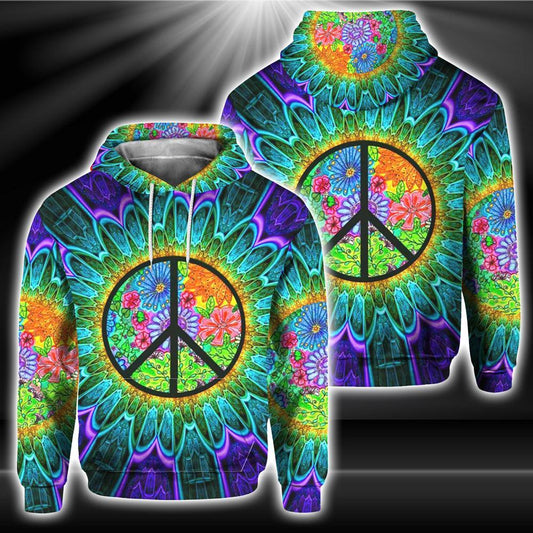  Hippie Hoodie Peace Symbol Sunflower Mandala Blue Green T-shirt Hoodie Adult Unisex Full Print