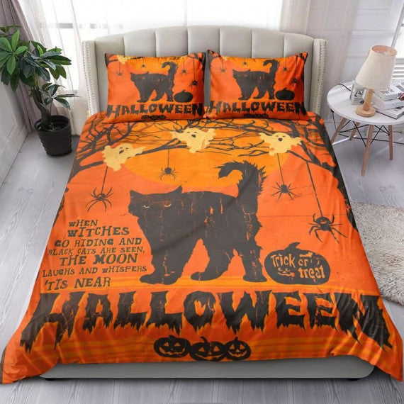 Halloween Bedding Set When Witches Go Riding And Black Cats Are Seen Duvet Covers Orange Black Unique Gift