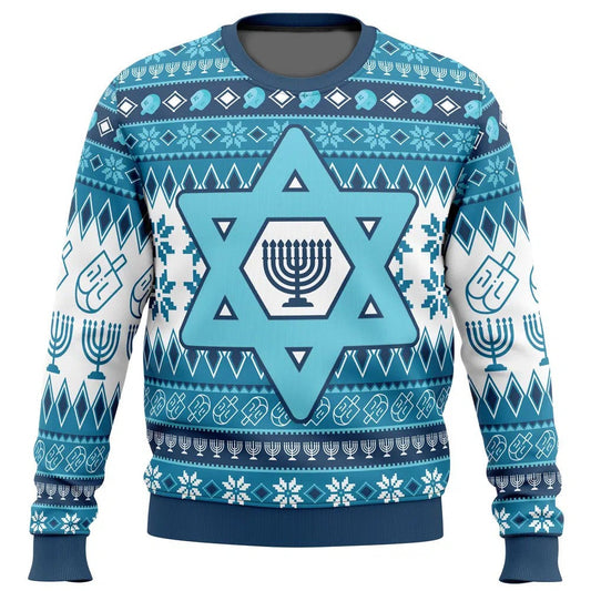 Hanukkah Sweatshirt Star Of David Menorah Pattern Sweatshirt Blue Unisex