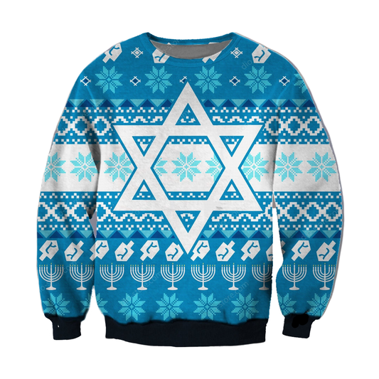 Hanukkah Sweatshirt Hanukkah Menorah Dreidels Pattern Sweatshirt White Blue Unisex