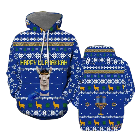 Hanukkah Hoodie Happy LLamakkah Christmas Pattern Hoodie Blue Unisex