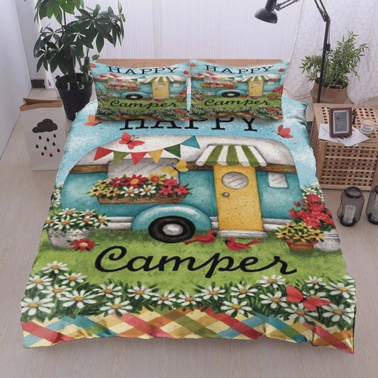 Camping Bedding Set Happy Camper Daisy Flowers Pattern Duvet Covers Colorful Unique Gift