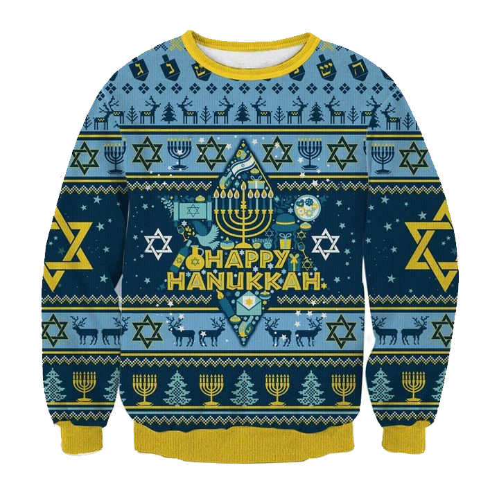 Hanukkah Sweatshirt Happy Hanukkah Star Of David Menorah Pattern Sweatshirt Blue Unisex