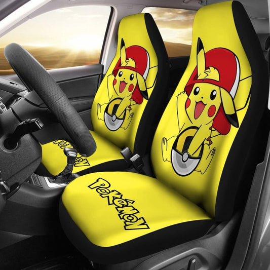 PKM Car Seat Covers Cute Pikachu With Ash's Hat Seat Covers Yellow