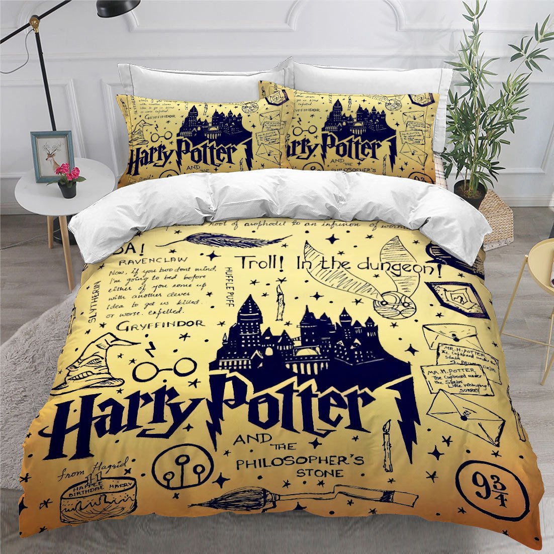 HP Bedding Set HP Items Doodle In Vintage Duvet Covers Yellow Unique Gift