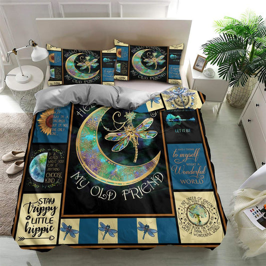 Hippie Bedding Set Hello Darkness My Old Friend Duvet Covers Black Blue Unique Gift