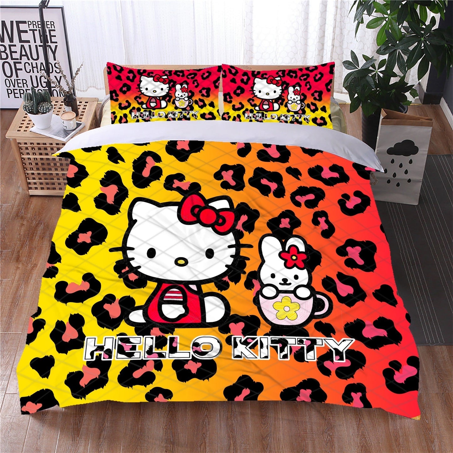 Hello Kitty Bedding Set Hello Kitty With Leopard Pattern Duvet Covers Orange Yellow Unique Gift