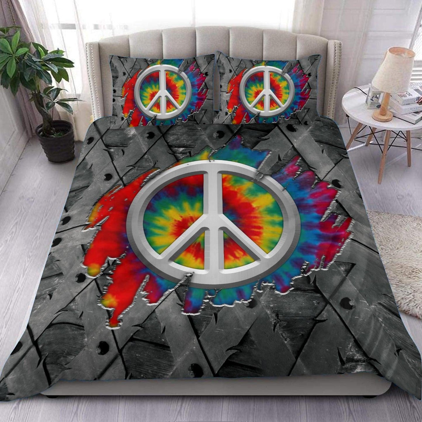 Hippie Bedding Set Hippie Peace Sign Metal Graphic Duvet Covers Gray Unique Gift
