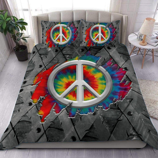 Hippie Bedding Set Hippie Peace Sign Metal Graphic Duvet Covers Gray Unique Gift