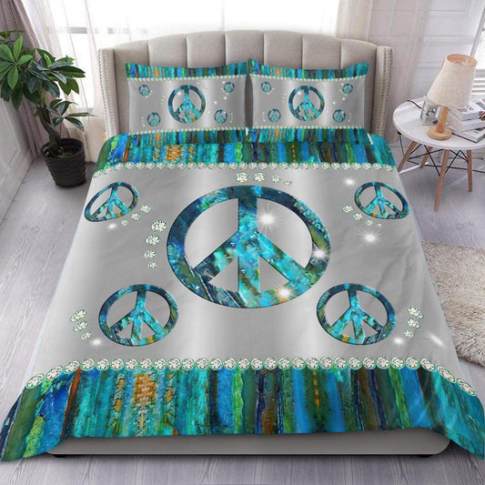 Hippie Bedding Set Peace Sign Diamond Pattern Duvet Covers Blue Unique Gift