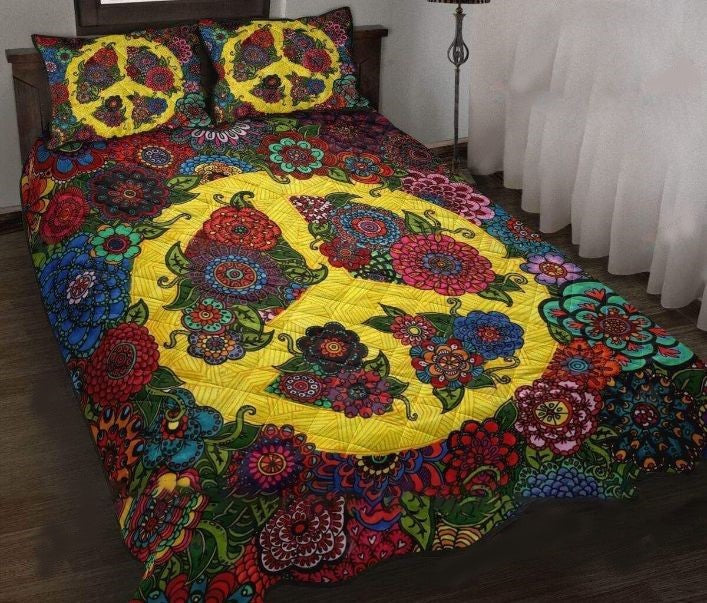 Hippie Bedding Set Hippie Flower Peace Pattern Duvet Covers Colorful Unique Gift