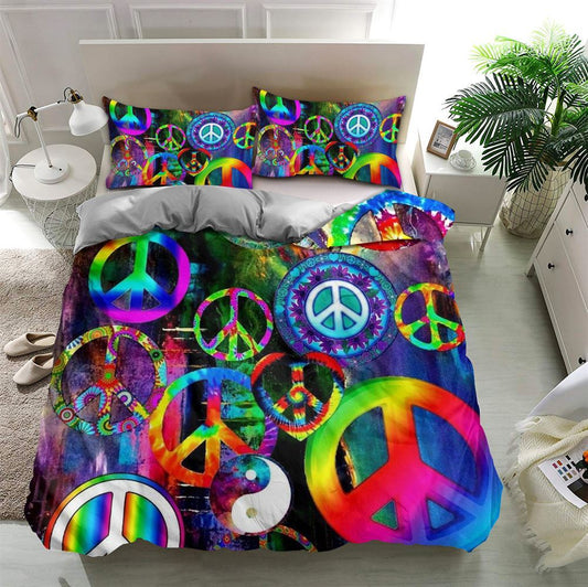 Hippie Bedding Set Hippie Peace Sign Heart Duvet Covers Colorful Unique Gift