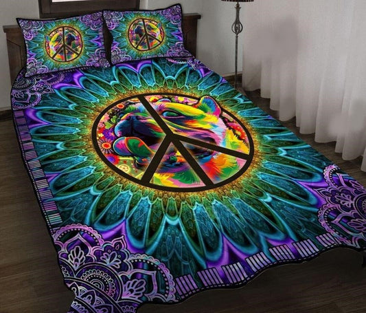 Hippie Bedding Set Hippie Peace Sign Pug Duvet Covers Blue Green Unique Gift