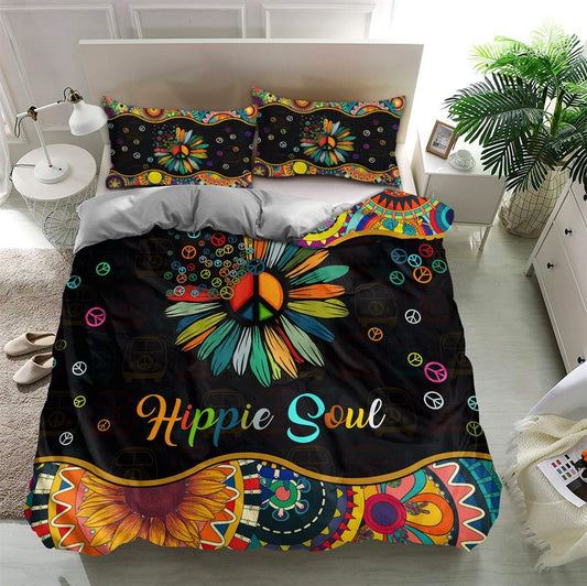 Hippie Bedding Set Hippie Soul Peace Sign Flower Duvet Covers Black Unique Gift
