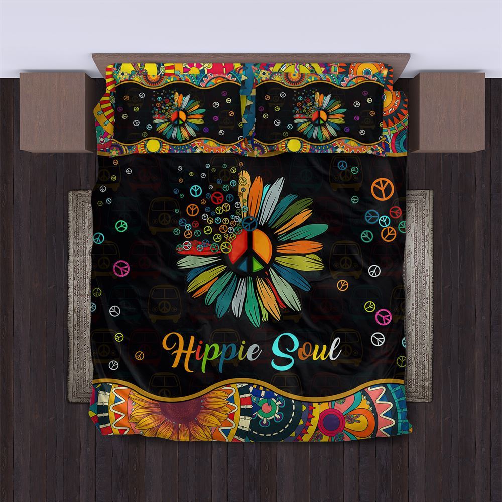 Hippie Bedding Set Hippie Soul Peace Sign Flower Duvet Covers Black Unique Gift