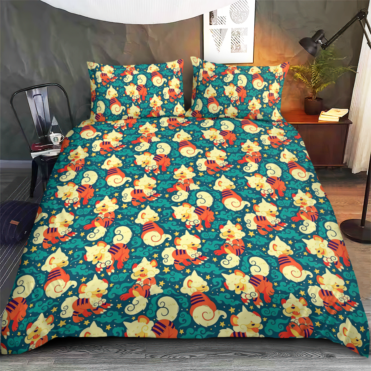 PKM Bedding Set Hisuian Growlithe PKM Pattern Duvet Covers Green Unique Gift