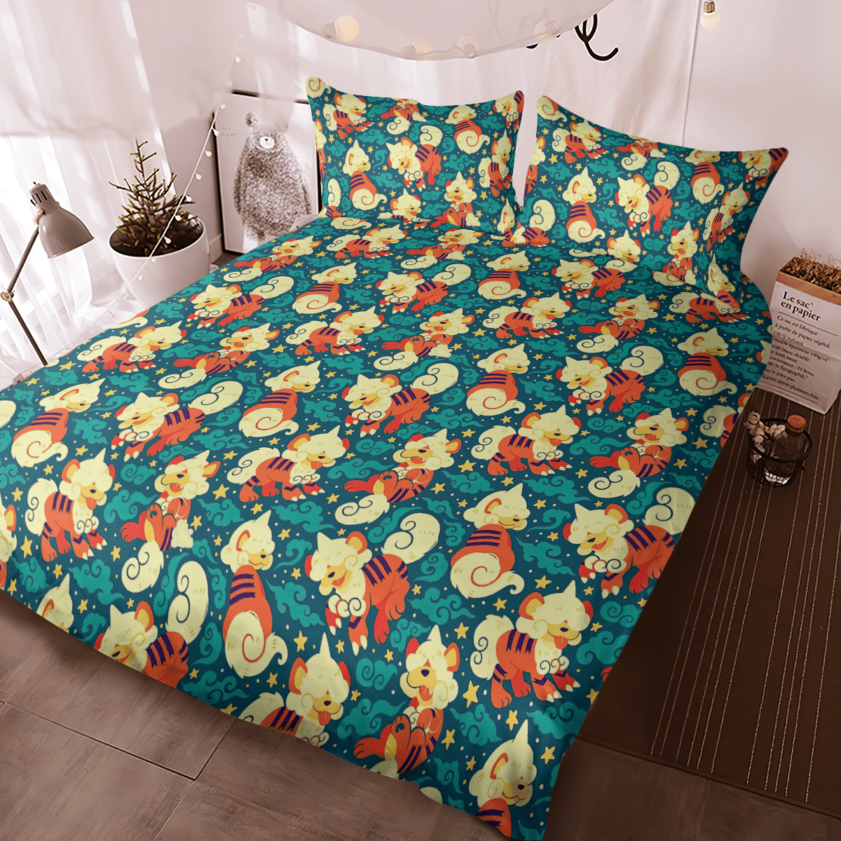 PKM Bedding Set Hisuian Growlithe PKM Pattern Duvet Covers Green Unique Gift