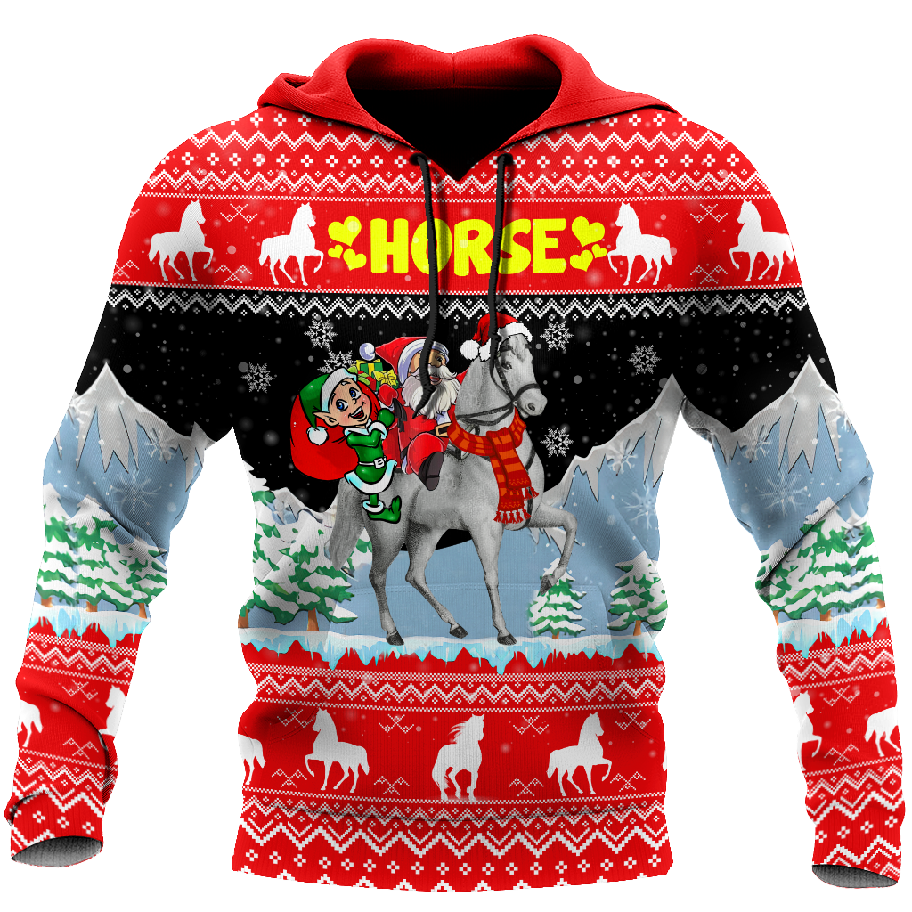 Horse Christmas Hoodie Santa CLaus Elf Horse Christmas Red Hoodie