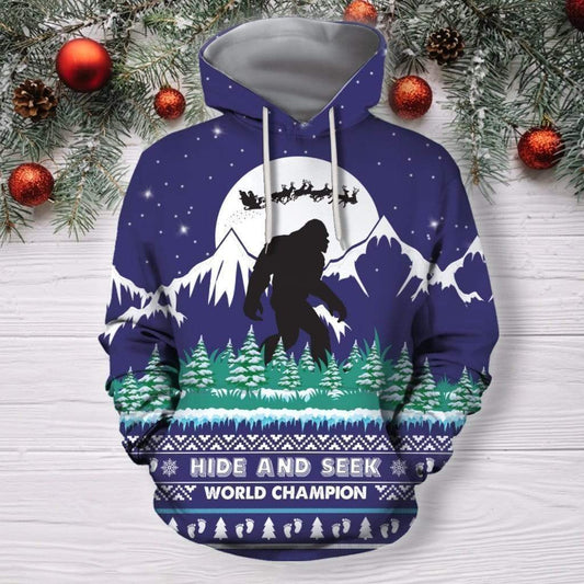 Unifinz Bigfoot Christmas Hoodie Hide And Seek World Champion Christmas Blue Hoodie Apparel Adult Full Size 2022