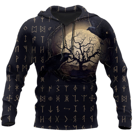  Viking Hoodie Raven In The Moon Light Old Viking Runer Language Black Hoodie Adult Full Size Full Print