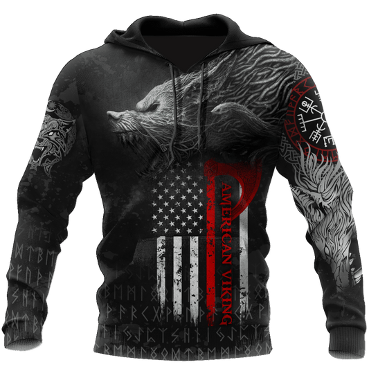  Viking Hoodie American Viking Fenrir Wolf Old Viking Rune Language Black Hoodie Adult Full Size Full Print