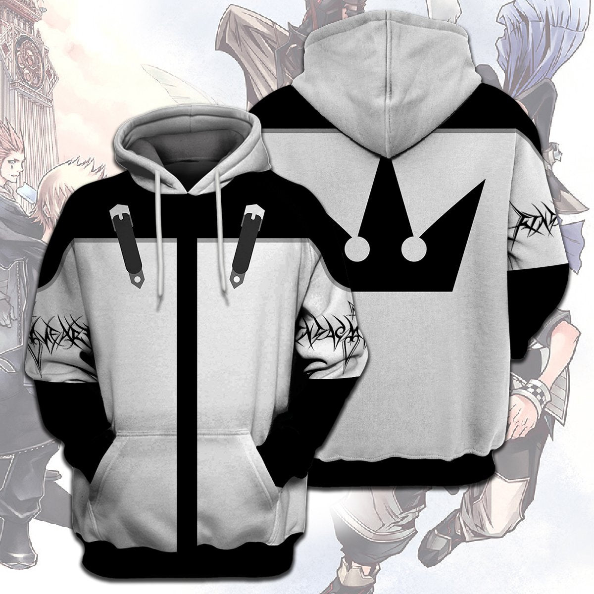  Kingdom Hearts T-shirt Kingdom Hearts Suit Costume Black White T-shirt Hoodie Adult Full Print