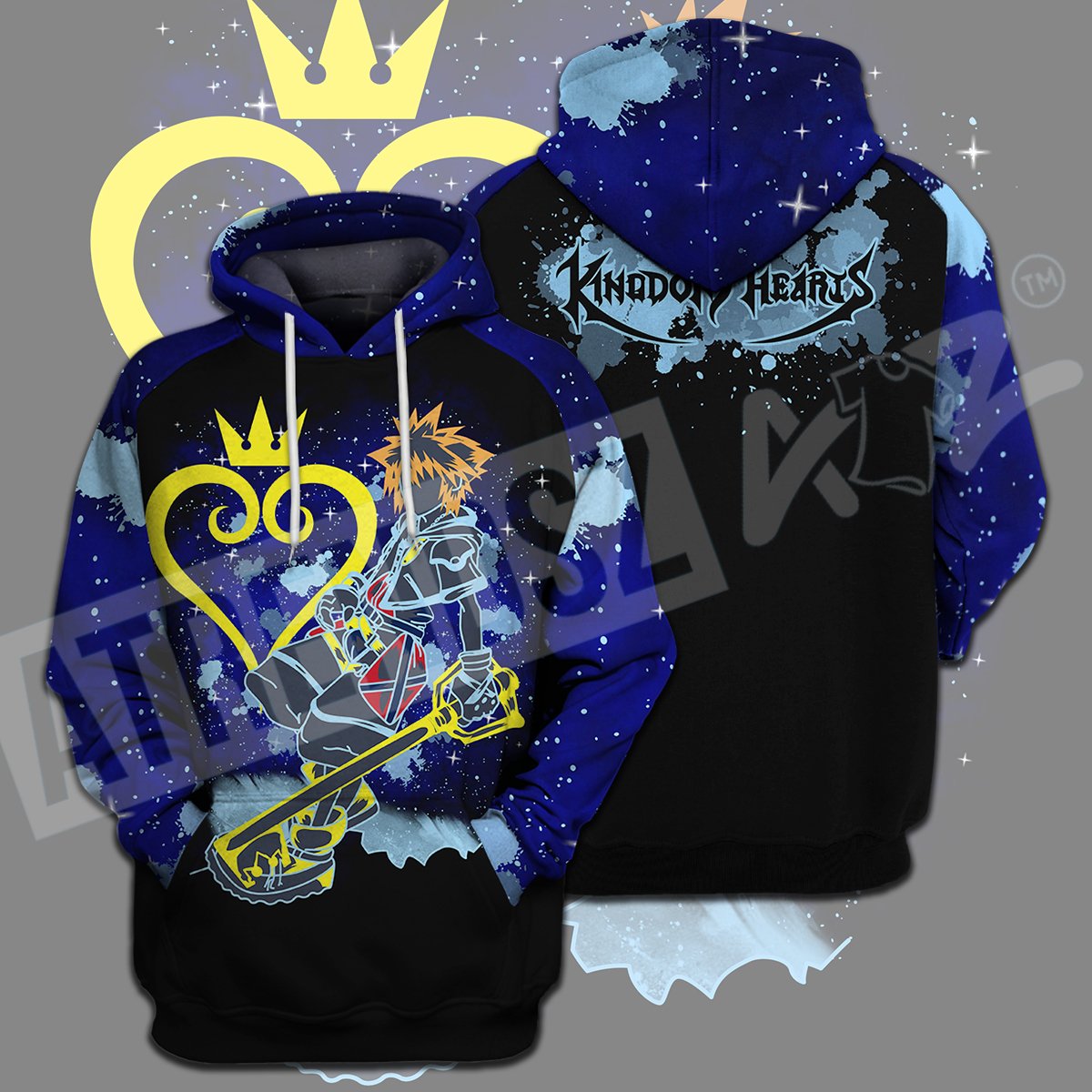  Kingdom Hearts T-shirt Sora Silhouette Watercolor Splatter Kingdom Hearts Logo Black Blue T-shirt Hoodie Adult Full Print