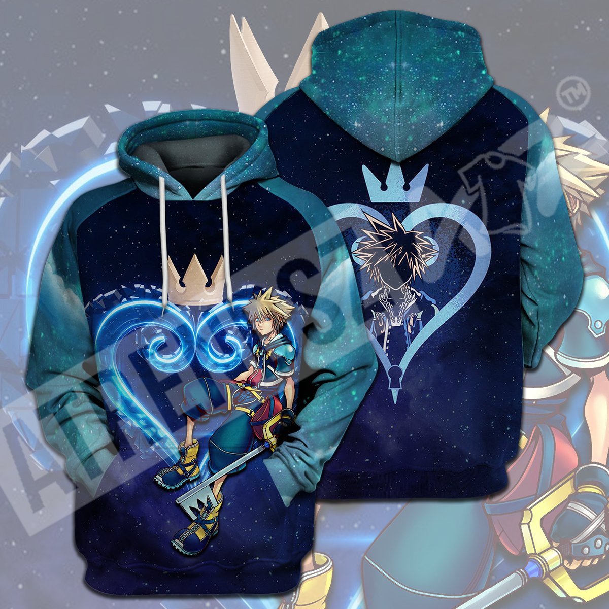  Kingdom Hearts T-shirt Sora Kingdom Hearts Crystal Logo Green Blue T-shirt Hoodie Adult Full Print