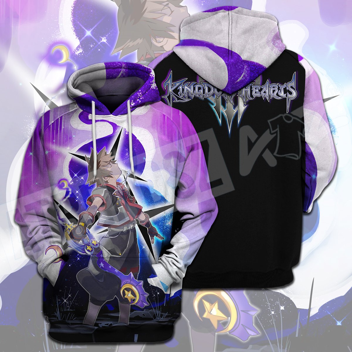  Kingdom Hearts T-shirt Sora Kingdom Hearts 3 Logo Black Purple T-shirt Hoodie Adult Full Print