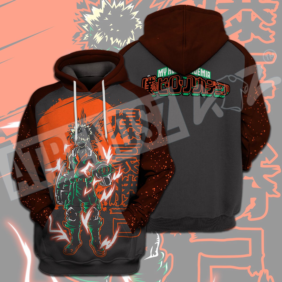  My Hero Academia T-shirt Bakugo Orange Grey My Hero Academia Logo T-shirt Hoodie Adult Full Print