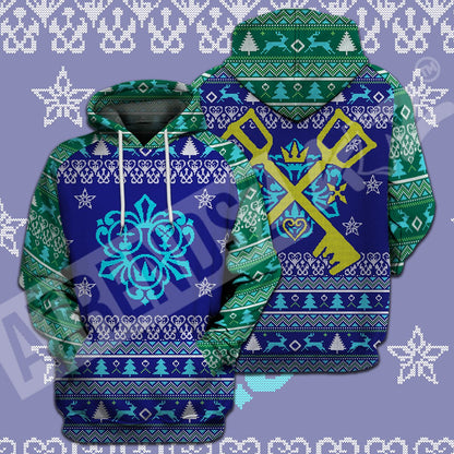  Kingdom Hearts T-shirt Christmas Pattern Keyblade Cross Blue Green T-shirt Hoodie Adult Full Print