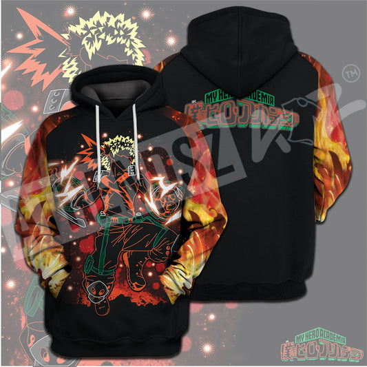  My Hero Academia T-shirt Bakugo Fire Orange Black My Hero Academia Logo T-shirt Hoodie Adult Full Print