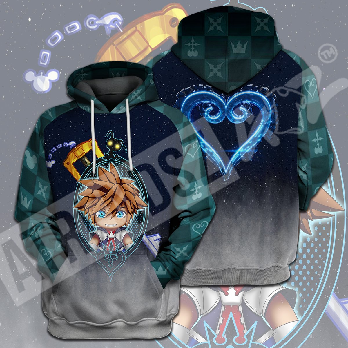  Kingdom Hearts T-shirt Chibi Sora Shadow Crystal Kingdom Hearts Logo Green T-shirt Hoodie Adult Full Print