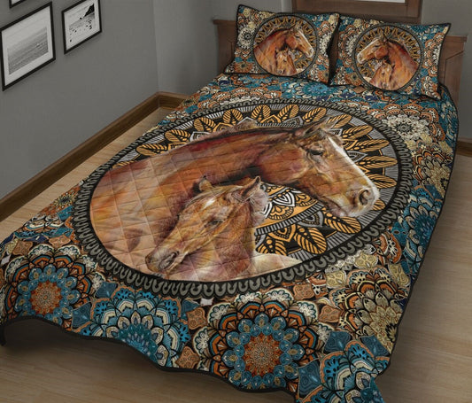 Horse Bedding Set Horse Mother And Baby Mandala Duvet Covers Brown Blue Unique Gift