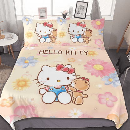 Hello Kitty Bedding Set Hello Kitty With Teddy Bear Flowers Pattern Duvet Covers Colorful Unique Gift