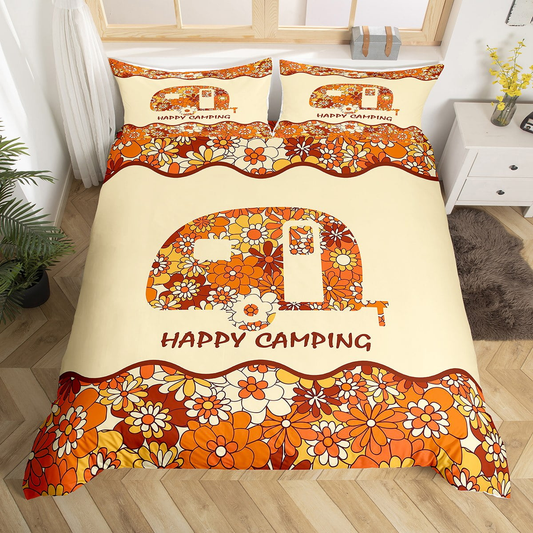 Camping Bedding Set Happy Camping Flowers Pattern Duvet Covers Orange Unique Gift