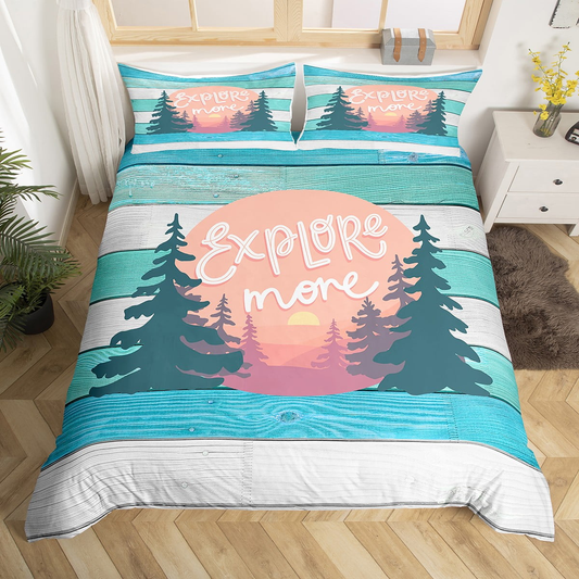 Camping Bedding Set Forest Explore More Wood Pattern Duvet Covers Blue Green Unique Gift