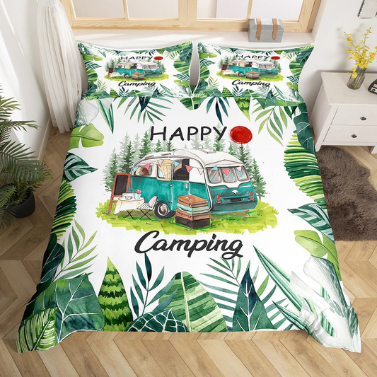 Camping Bedding Set Happy Camping RV Car In Forest Duvet Covers White Green Unique Gift