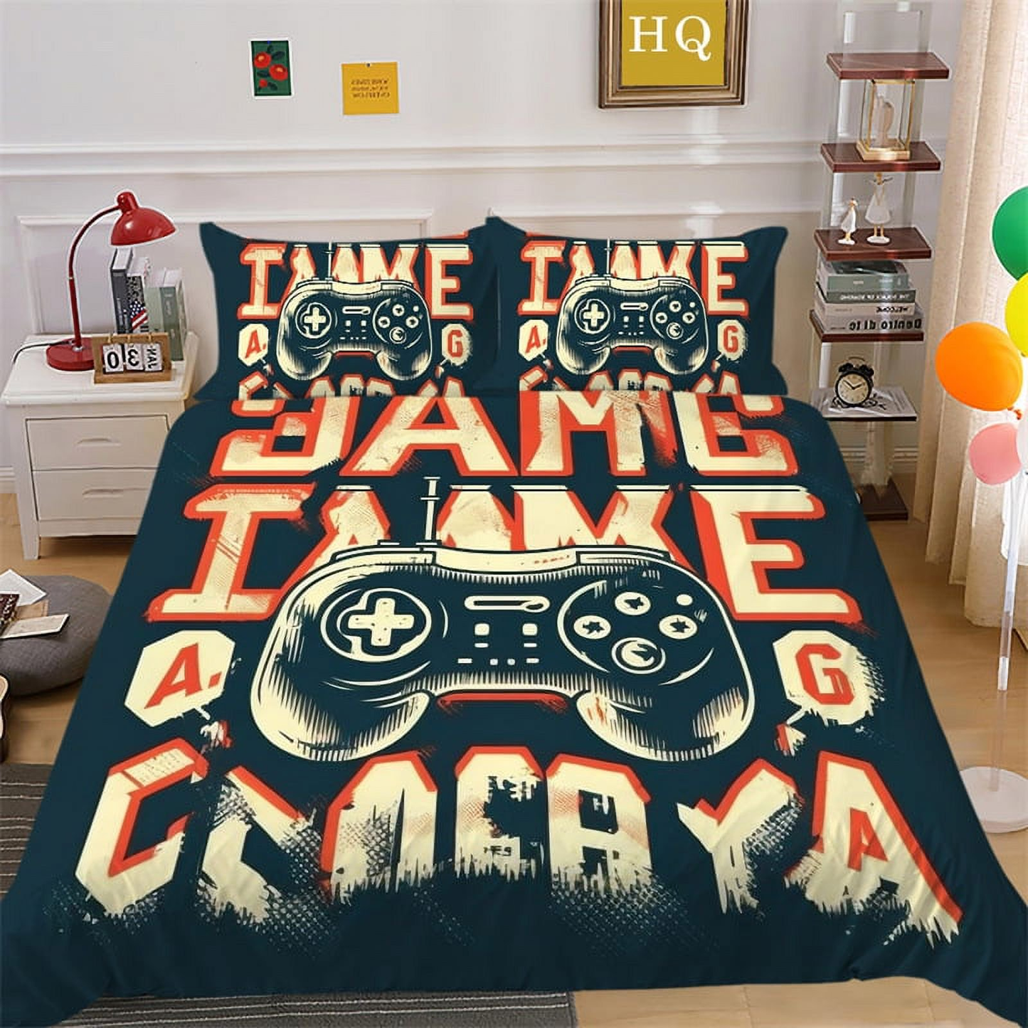 Game Bedding Set Vintage Gamepad Syllables Pattern Duvet Covers Black Unique Gift