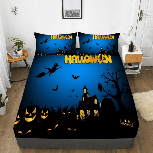 Halloween Bedding Set Halloween Night With Haunted Castle Duvet Covers Black Blue Unique Gift