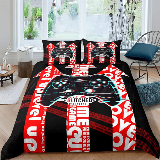 Game Bedding Set Game Controller Glitched Reality Duvet Covers Black Red Unique Gift
