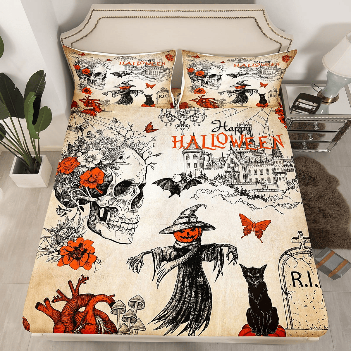 Halloween Bedding Set Happy Halloween Skeleton Skulls Black Cat Duvet Covers Colorful Unique Gift
