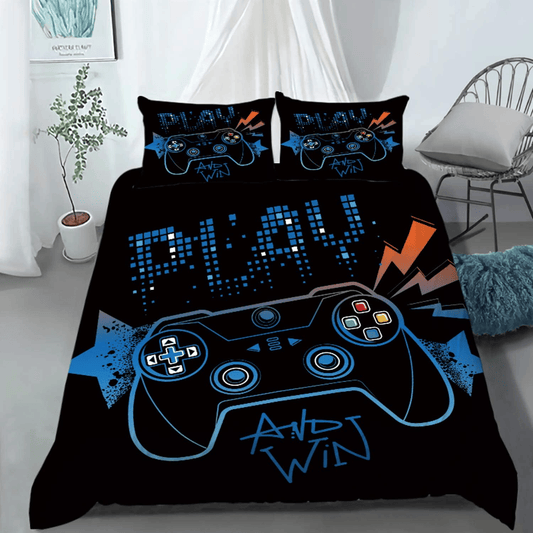 Game Bedding Set Play And Win Game Controller Duvet Covers Black Blue Unique Gift