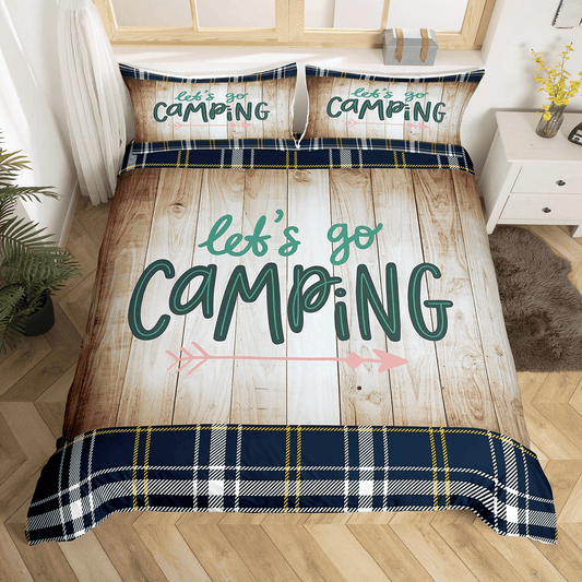 Camping Bedding Set Let's Go Camping Wood Pattern Duvet Covers Brown Unique Gift