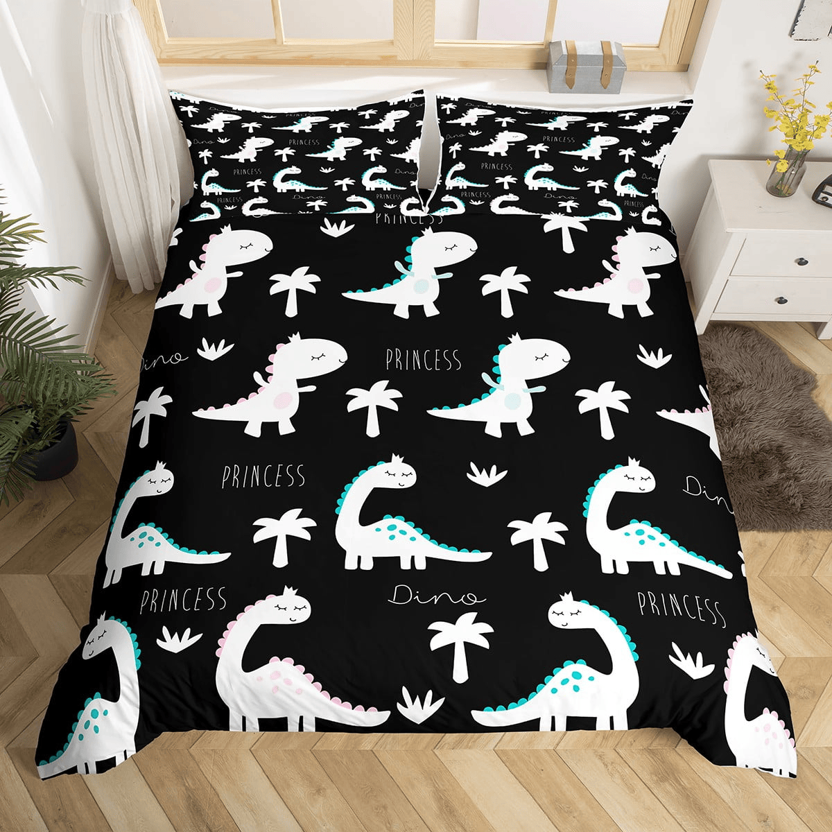 Dinosaur Bedding Set Princess Dinosaur Palm Trees Pattern Duvet Covers Black White Unique Gift