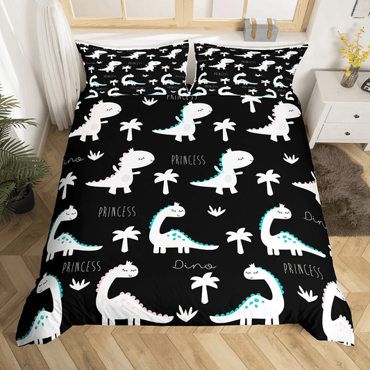 Dinosaur Bedding Set Princess Dinosaur Palm Trees Pattern Duvet Covers Black White Unique Gift